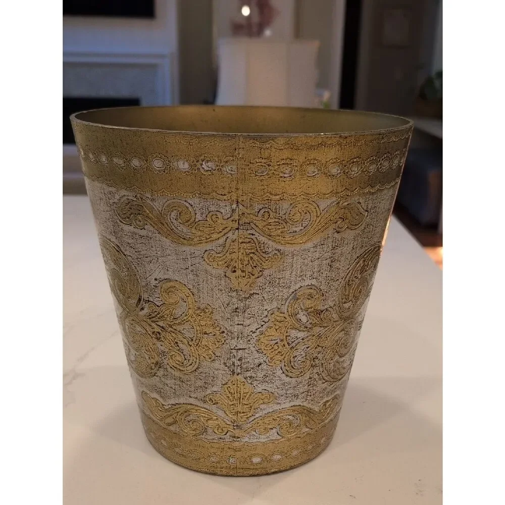 Florentine Gold and Cream Embossed Wastebasket Made in Italy Vintage